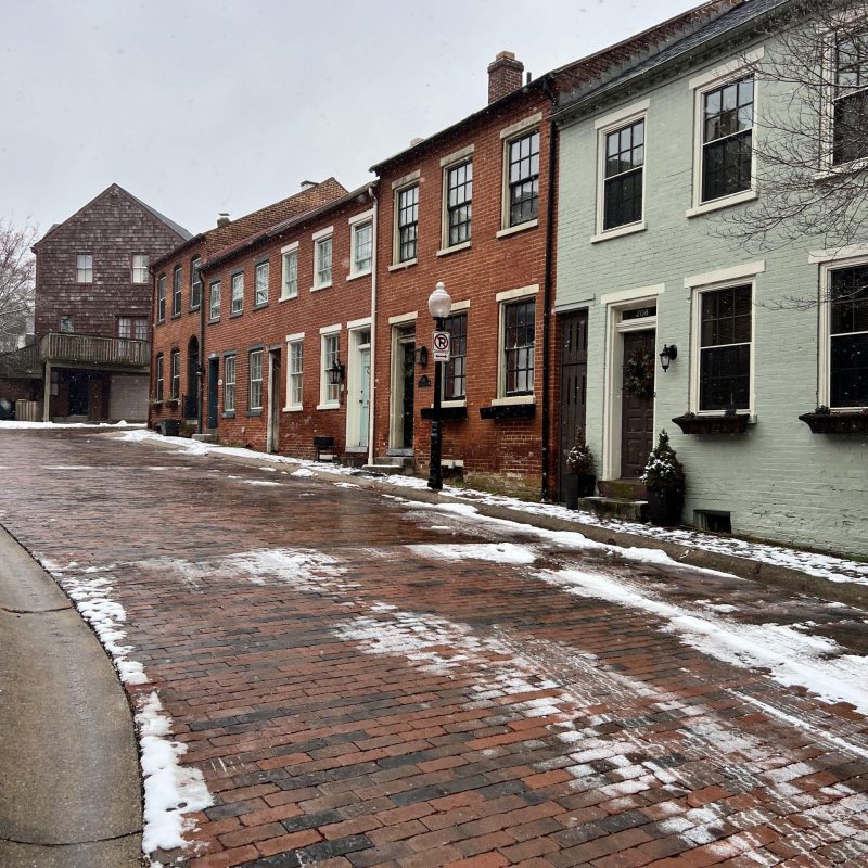 A Lancaster street with light snow